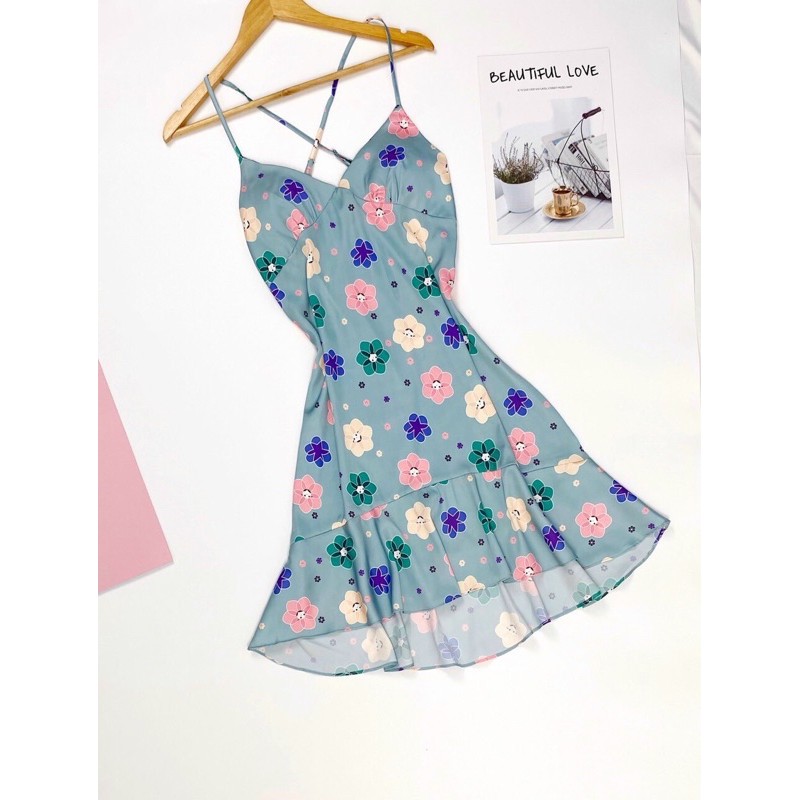 Váy ngủ lụa satin 2 dây chéo mềm mại hoạ tiết dễ thương