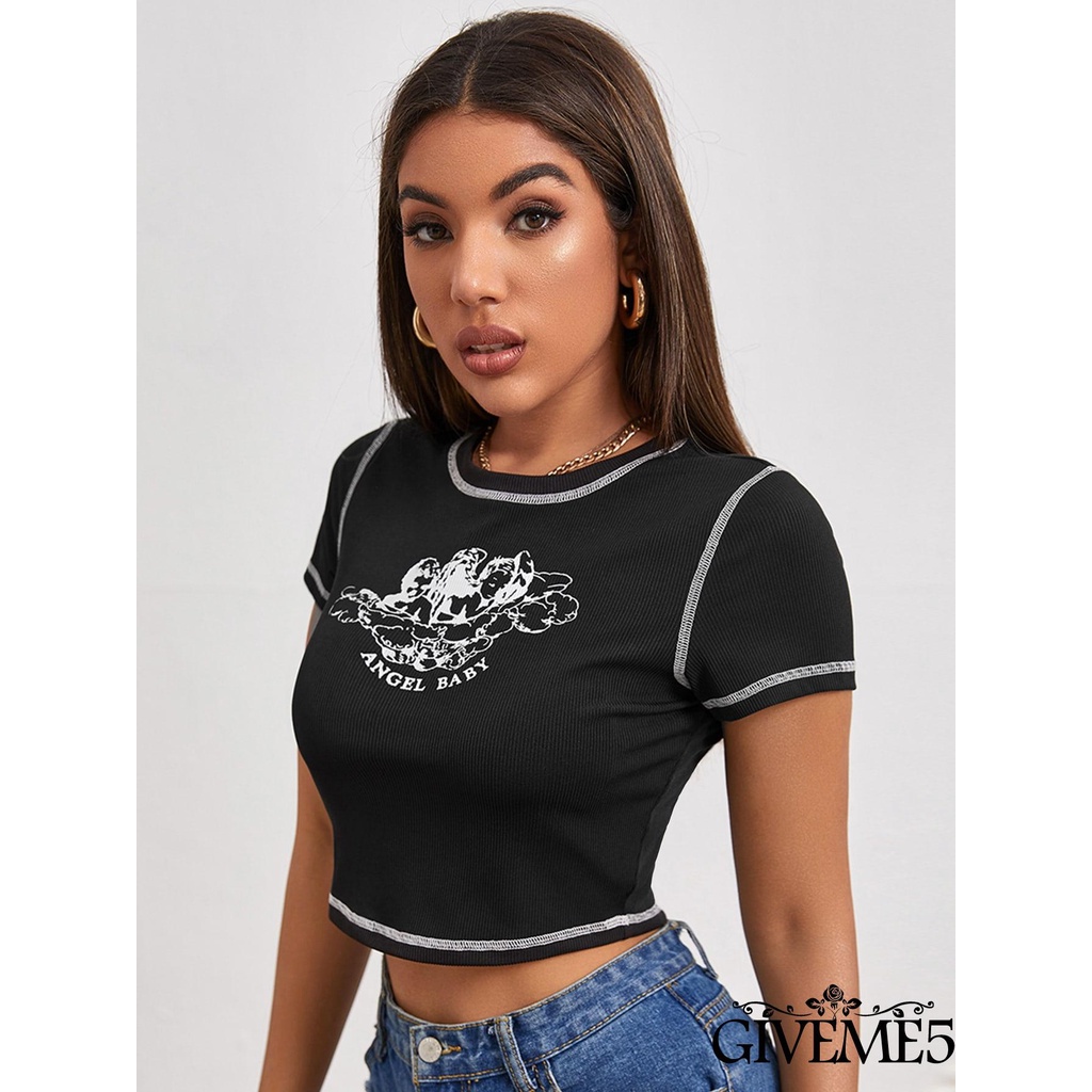 Áo Thun Croptop Tay Ngắn Cổ Tròn In Hình Thiên Thần Nhỏ Phối Màu Tương Phản Cho Nữ