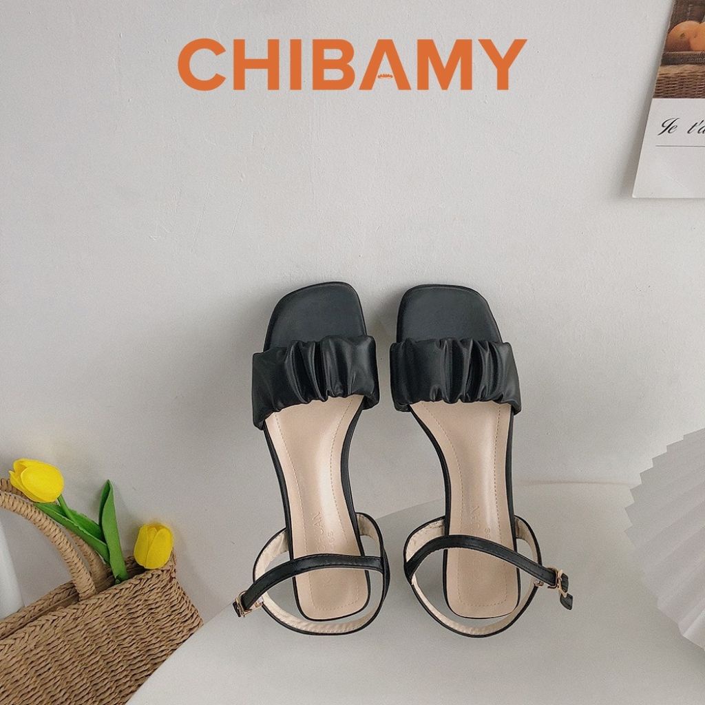 Dép sandal nữ đế vuông cao 3 phân quai nhăn CHIBAMY chất da mềm mịn