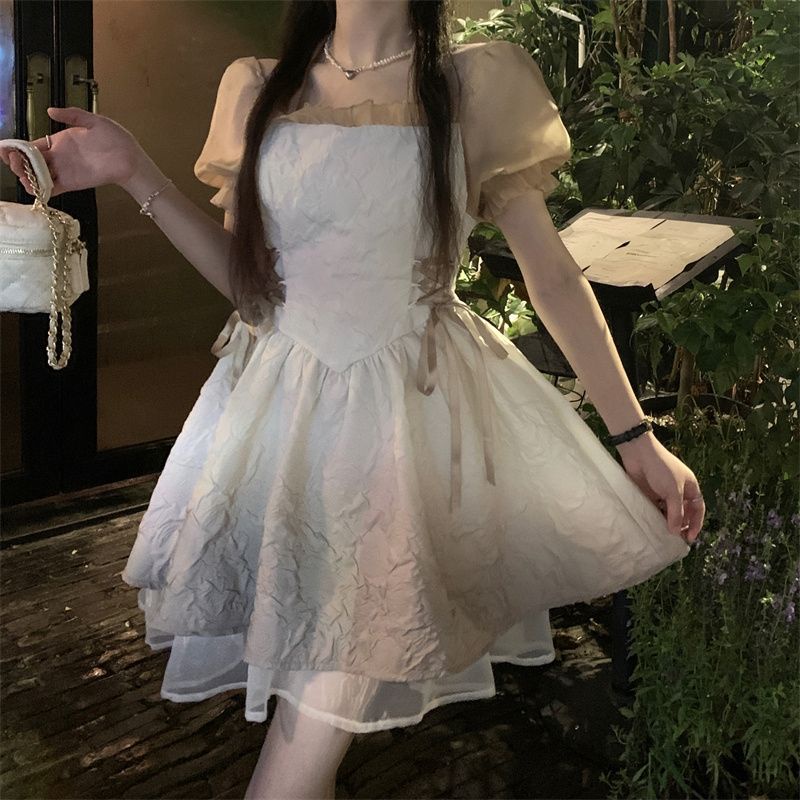 Đầm xòe tay phồng màu loang nâu oder taobao