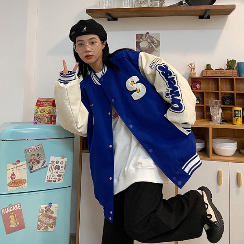 Áo Khoác Bóng Chày Unisex Dáng Rộng Thêu Chữ Phong Cách Hip hop Hàng Mới
