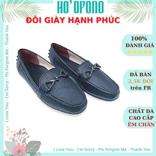 Giày Lười Nữ Da Bò đen Mọi bệt đẹp nơ đế bằng cao su thời trang HO'OPONO GL102