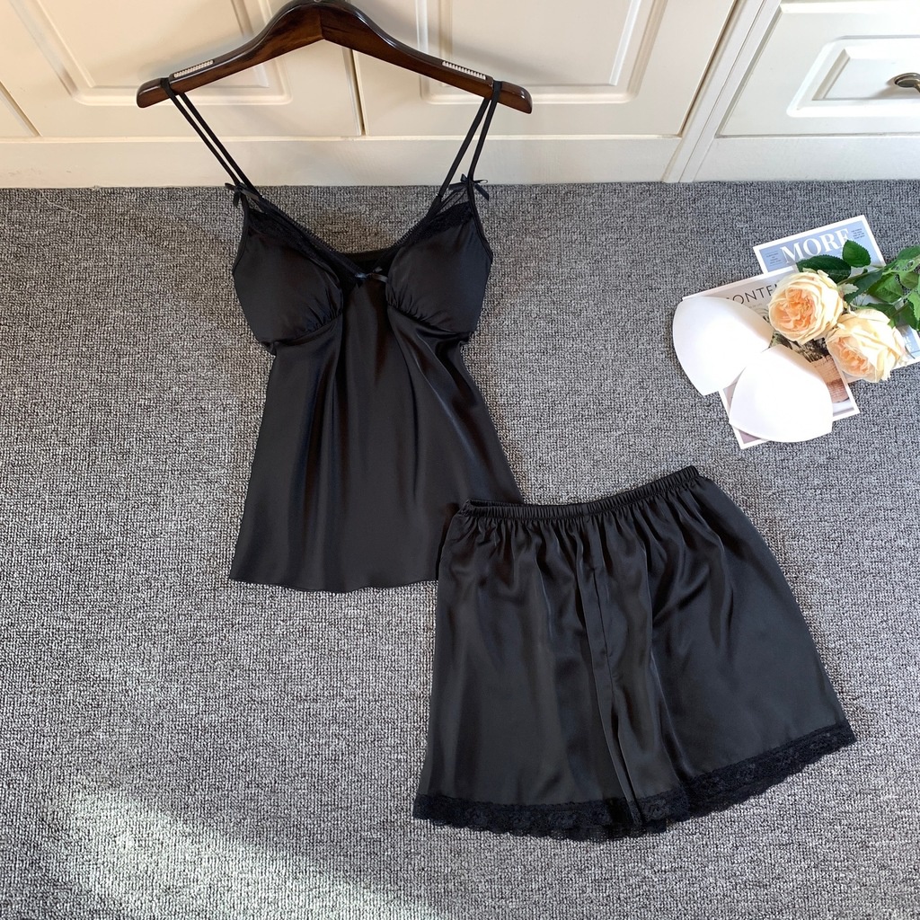 Bộ Đồ Ngủ Áo Hai Dây + Quần Short Chất Lụa Thời Trang Mùa Hè Quyến Rũ Cho Nữ