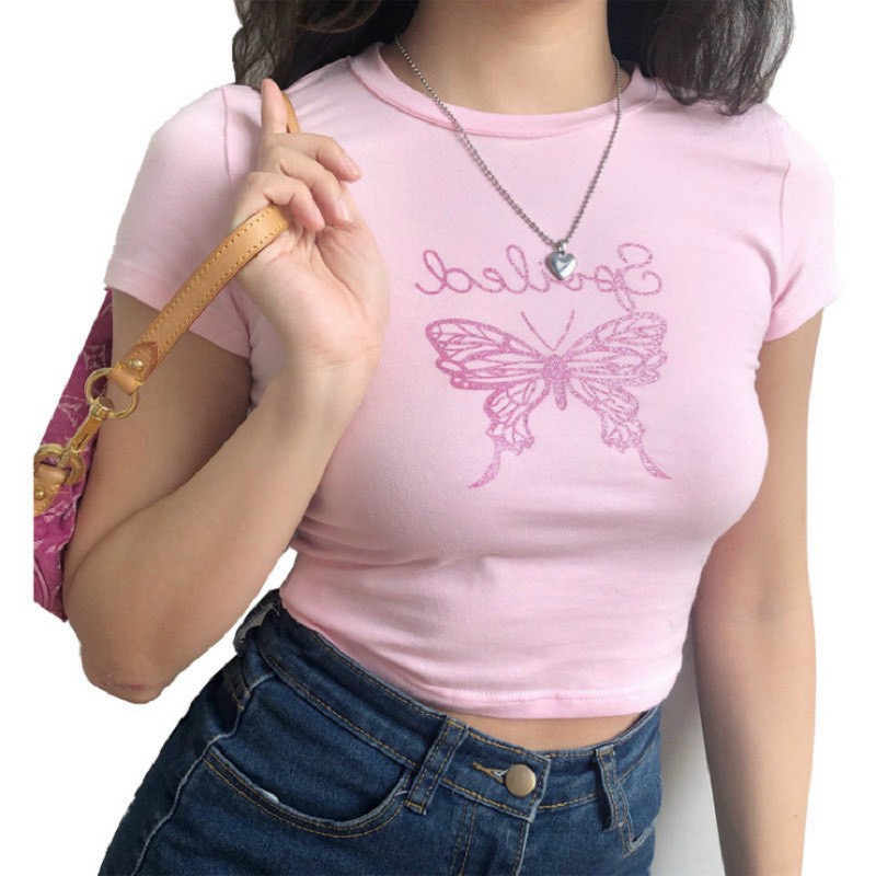áo croptop màu hồng  hình bướm xinhhh