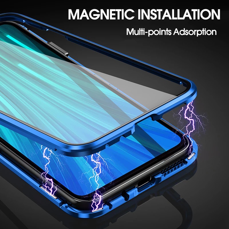 Ốp Điện Thoại Kính Cường Lực Hai Mặt Viền Kim Loại Nam Châm Cho Xiaomi Redmi 9 9A Note 7 8 8T 10 4G 5G 10 Pro