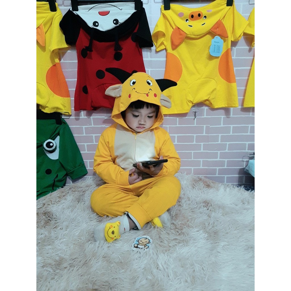 Áo dài liền thân dài tay hình con vật có mũ ngộ nghĩnh cho bé 5-15kg, vải cotton mềm, co giãn