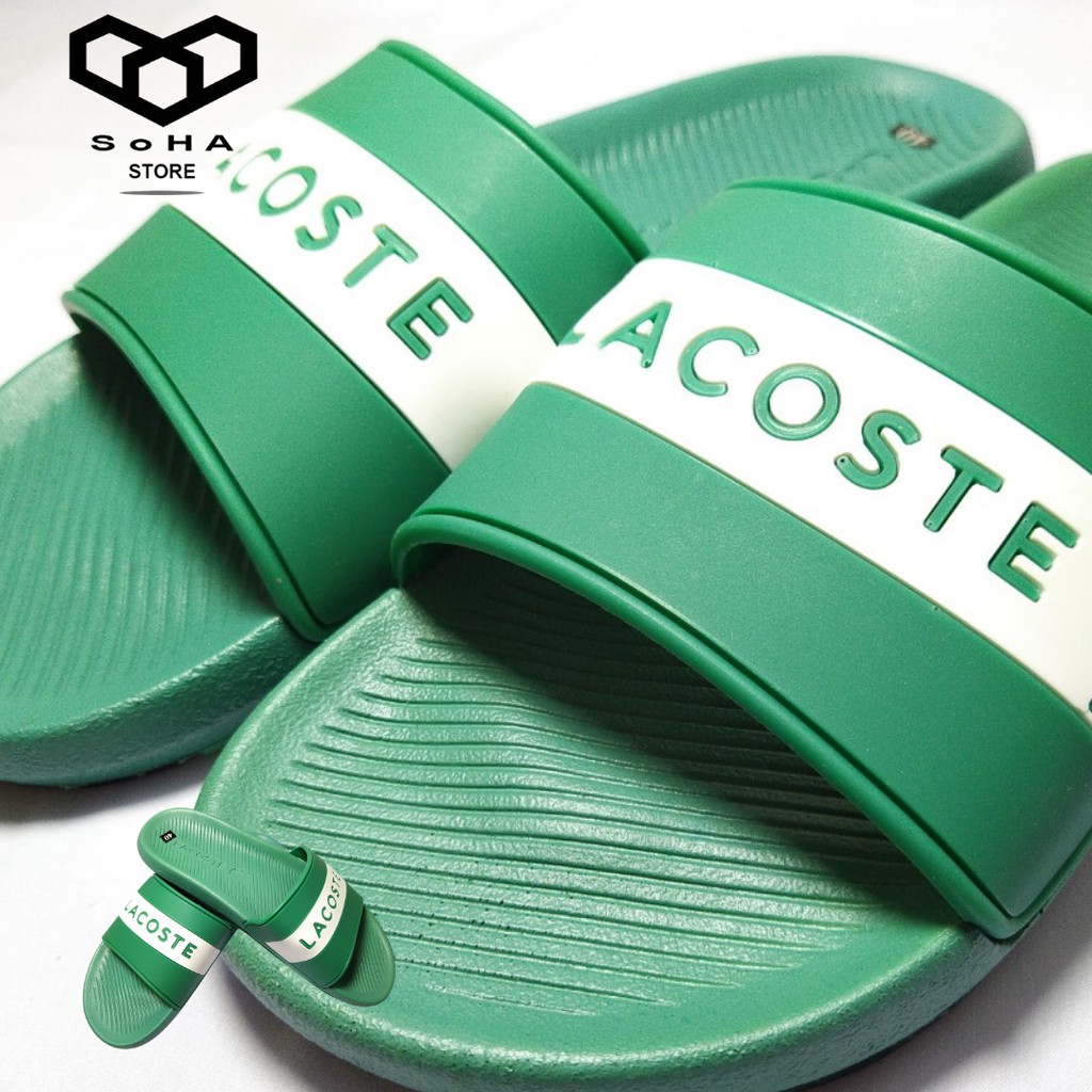 [SoHA] Dép nam LACOSTE quai ngang chất liệu cao su đàn hồi cực êm, đủ size, đế đúc, họa tiết kẻ ngang màu trắng xanh