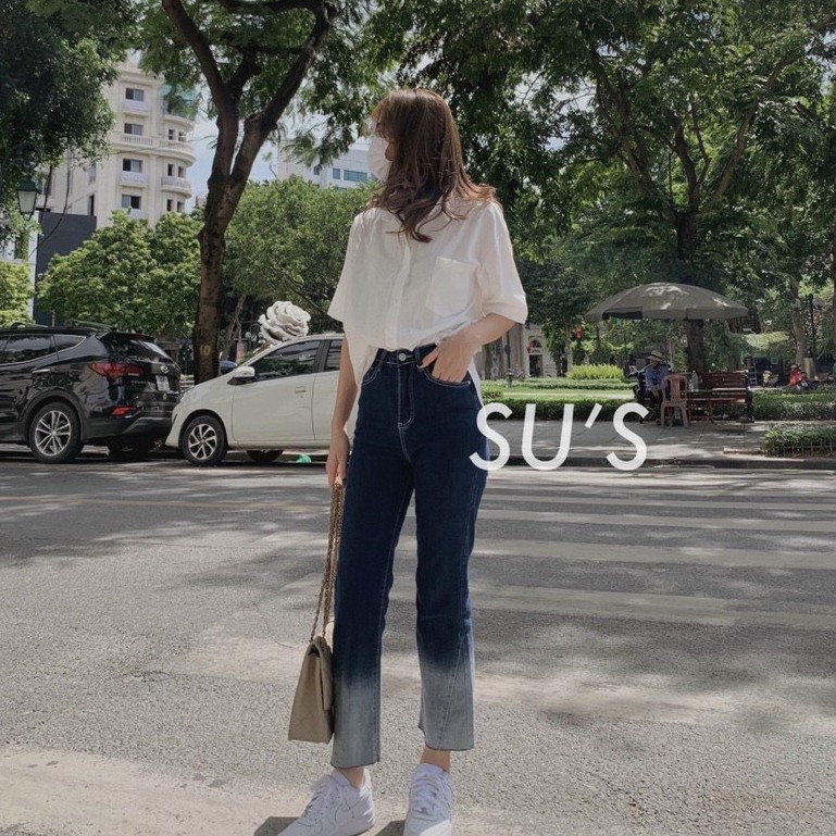 quần jeans nữ ống đứng phối màu khói tbazic Hàn Quốc