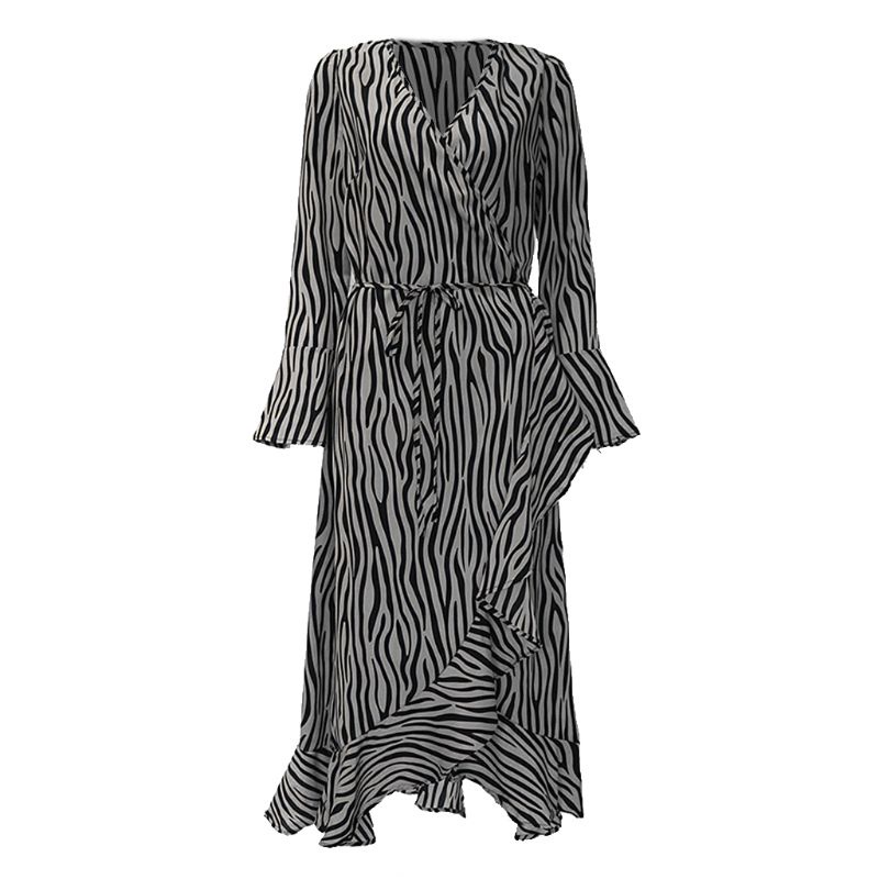 Xiangbao Đầm Midi Chiffon Tay Loe Dài Kẻ Sọc Ngựa Vằn Dọc Cổ Điển Cho Nữ C