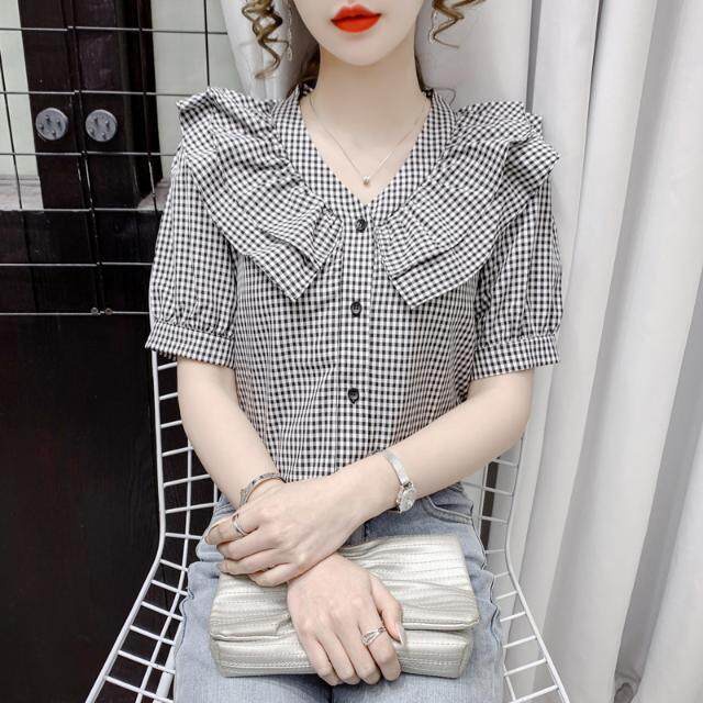 Áo Sơ Mi Ngắn Tay Cổ Chữ V Họa Tiết Kẻ Ô Thời Trang Mùa Hè Dành Cho Nữ Mới