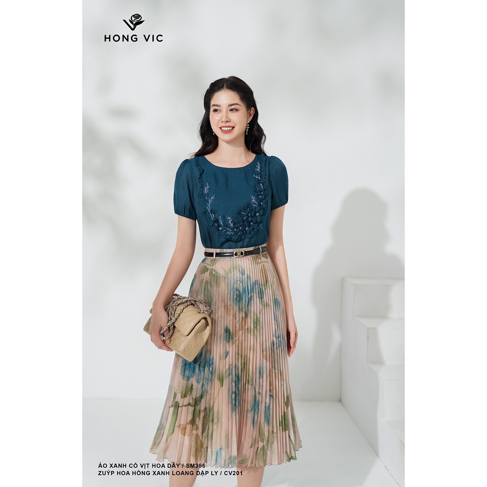 Chân váy nữ thiết kế Hong Vic hoa hồng xanh loang dập ly CV201