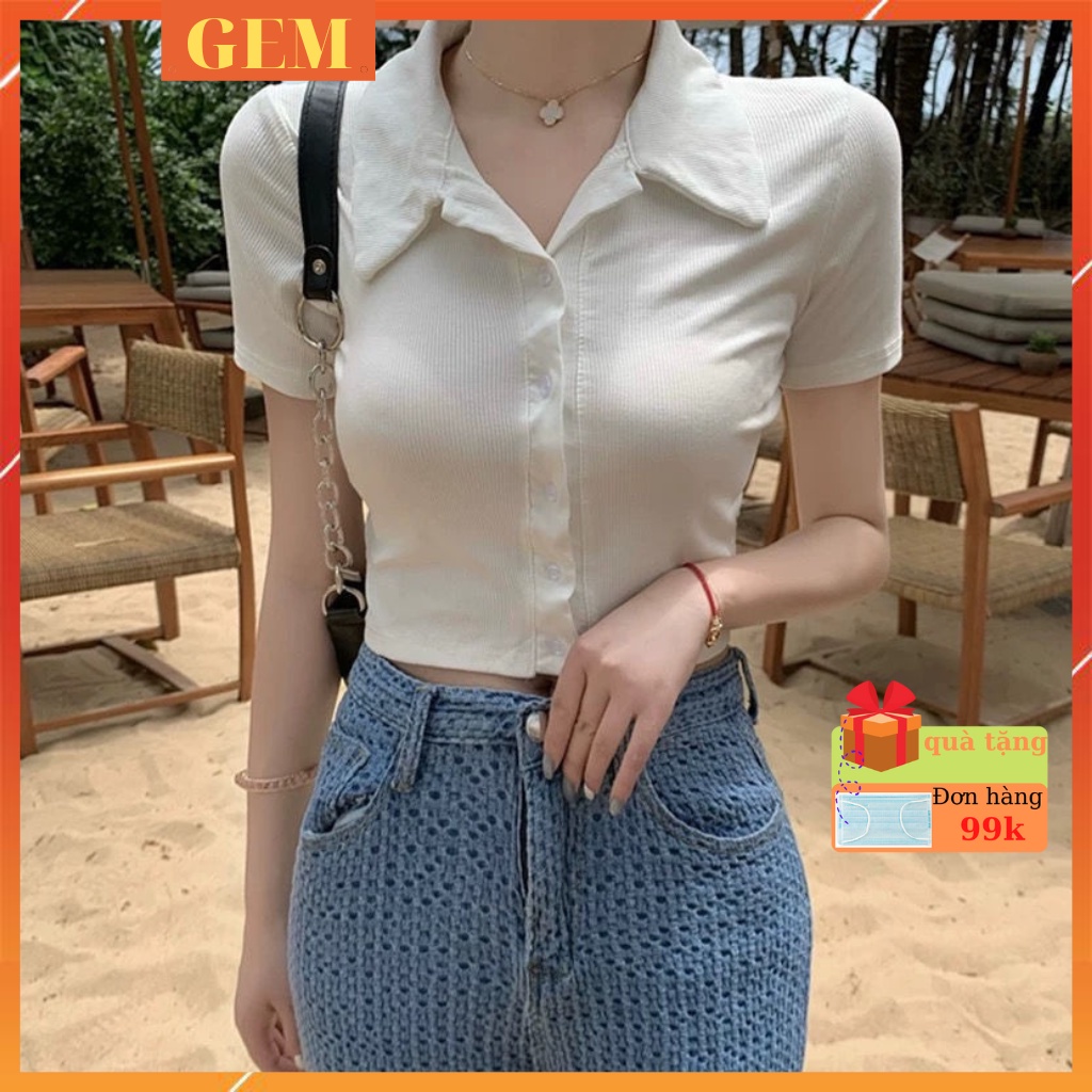 Áo croptop tay ngắn cổ Polo phong cách Hàn Quốc , áo thun nữ cộc tay 6 nút cổ bẻ