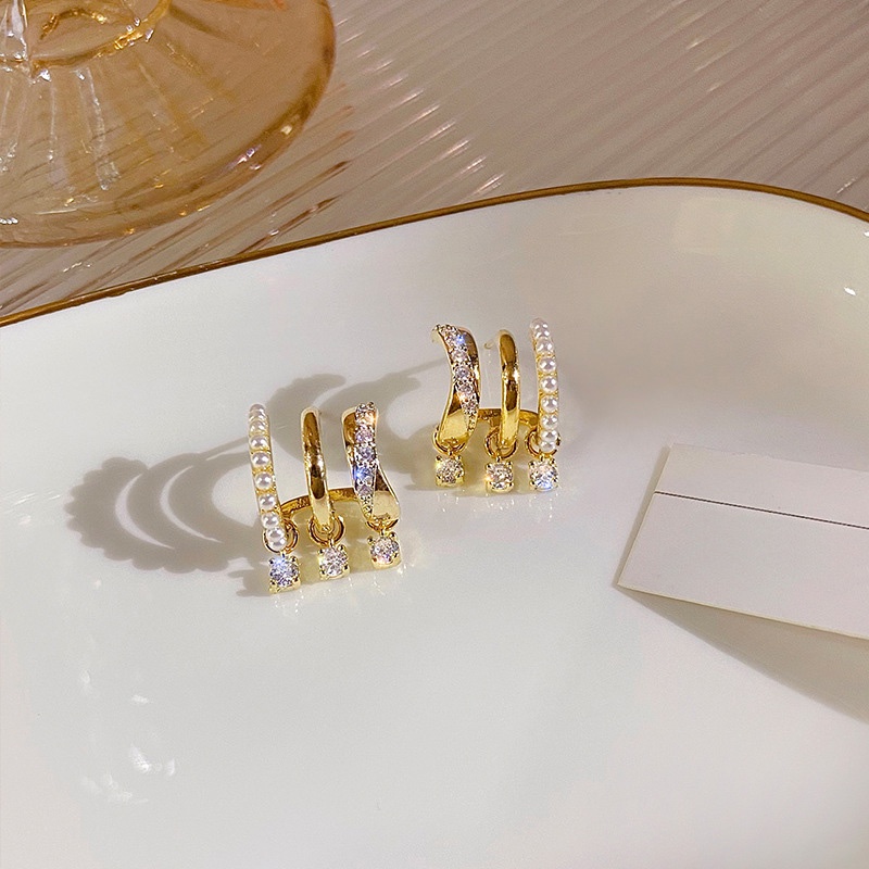 Bông Tai Hình Học Ba Lớp Đính Ngọc Trai Zircon Phong Cách Hàn Quốc Cho Nữ