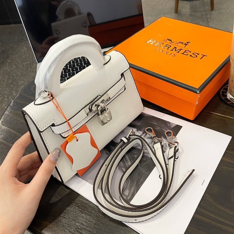 Túi Xách kelly khóa cài dáng lùn size 19 hàng qc loại 1, dập logo khoá, hàng tag bạc siêu nét