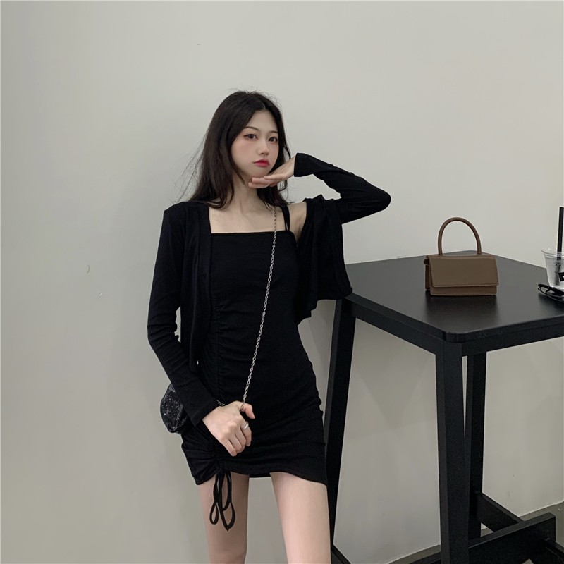 Váy 2 Dây Body Dây Rút Trơn Kèm Khoác LSEOUL V1203 Thoáng Mát Nữ Tính Năng Động