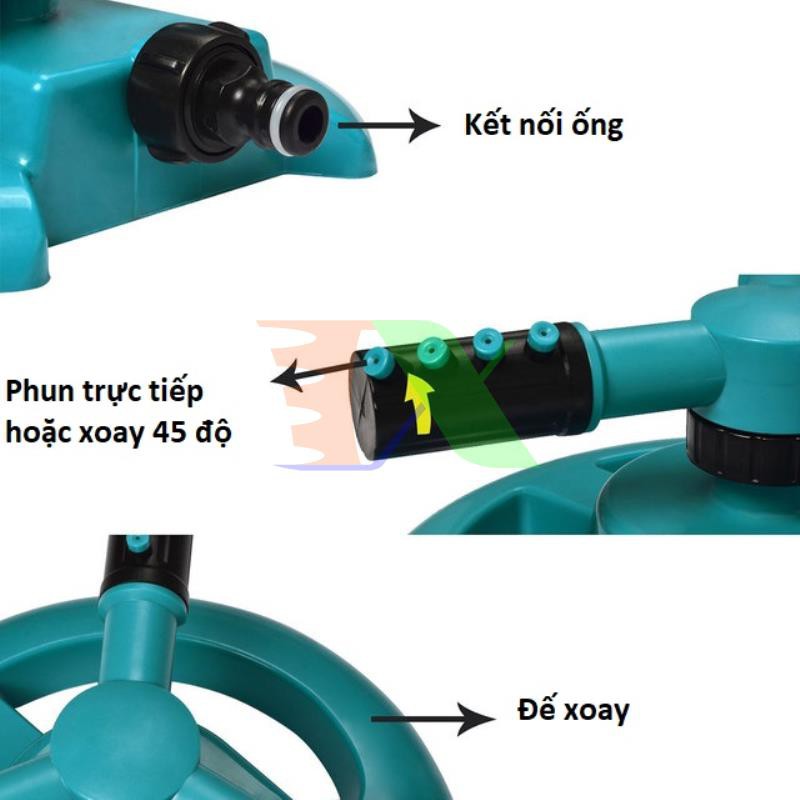 Bộ tưới đầy đủ Đầu tưới 3 cánh xoay 360° - Chân đế mặt trăng kèm 10m dây