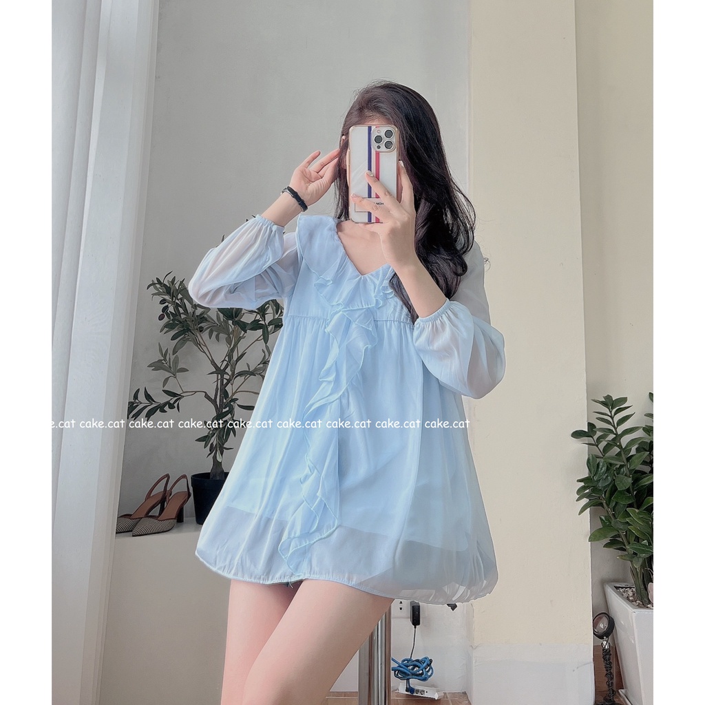 [SẴN/ VIDEO THẬT] Áo Babydoll Voan Lụa Viền Bèo Xanh