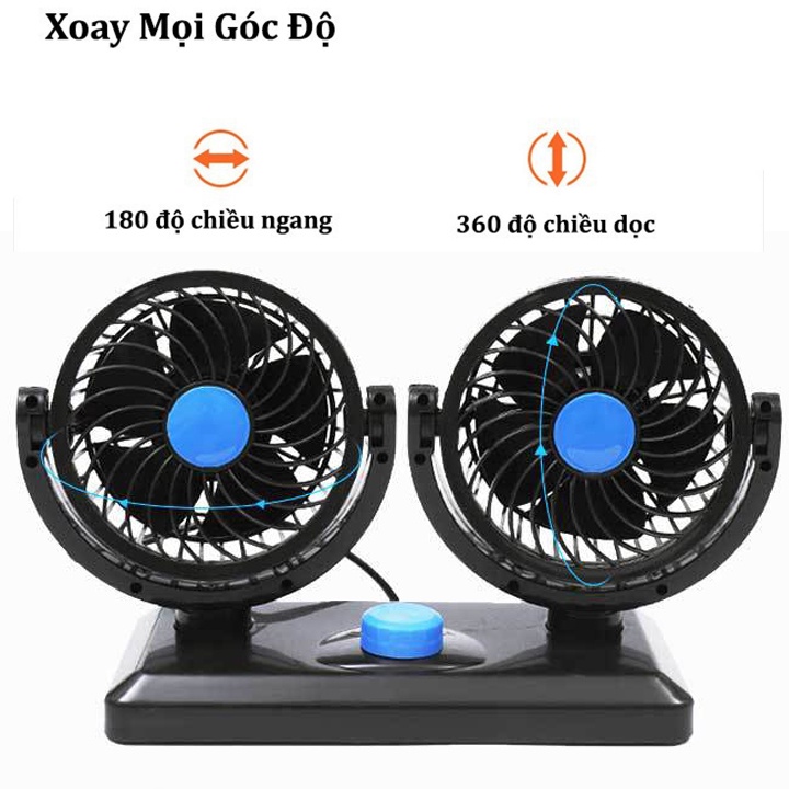 Quạt máy đôi mini 12v, 24v xoay 360 tiện ích trên ô tô, xe hơi cao cấp