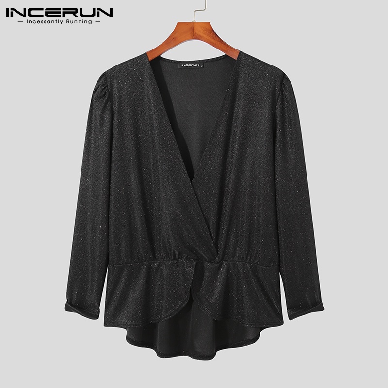 Áo sơ mi INCERUN tay dài cổ chữ v màu đen thời trang cho nam