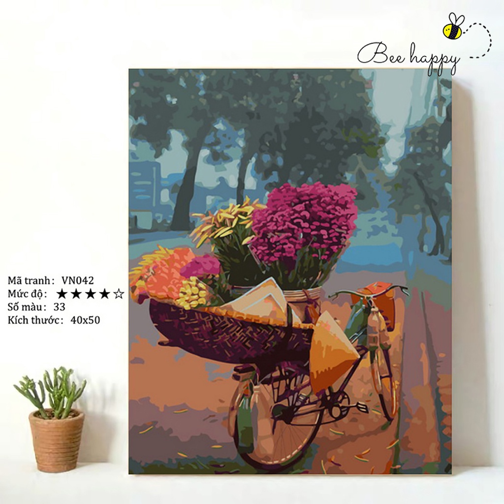 Tranh tô màu theo số xe đạp hoa phố cổ BEE HAPPY cao cấp màu 5ml, 2 bộ cọ có sẵn mã VN042