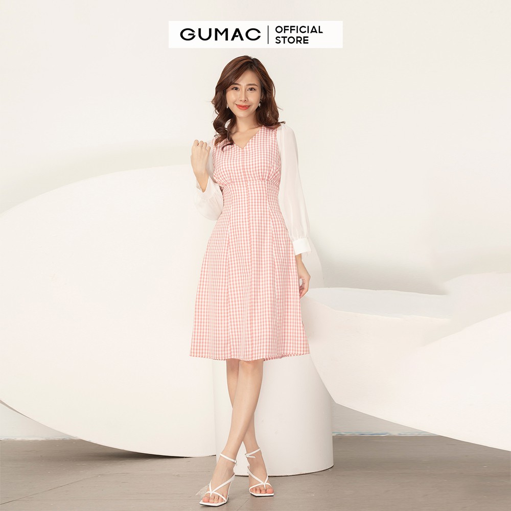 Đầm nữ cổ V phối tay GUMAC DA9100