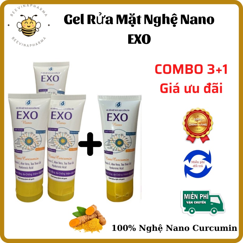 [Combo 3 tặng 1] Sữa rửa mặt ngừa mụn dưỡng ẩm, Gel rửa mặt Exo Nano chiết xuất Nano Curcumin từ Ngh