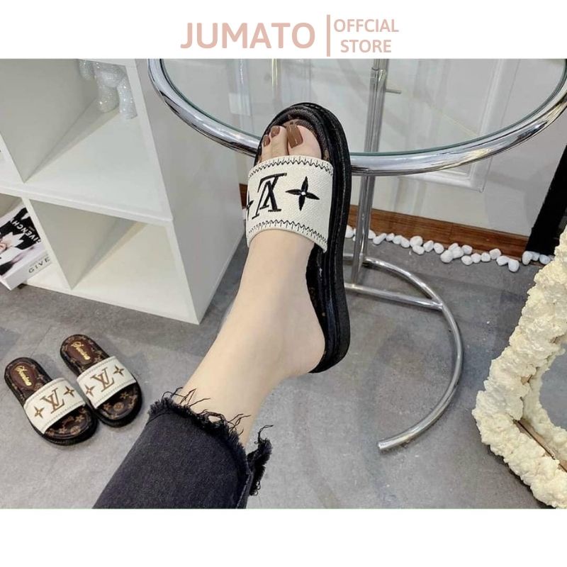 Dép lê nữ quai ngang đế bánh mỳ 3cm quai da thêu LV bền đẹp JUMATO G2.015.DE.35