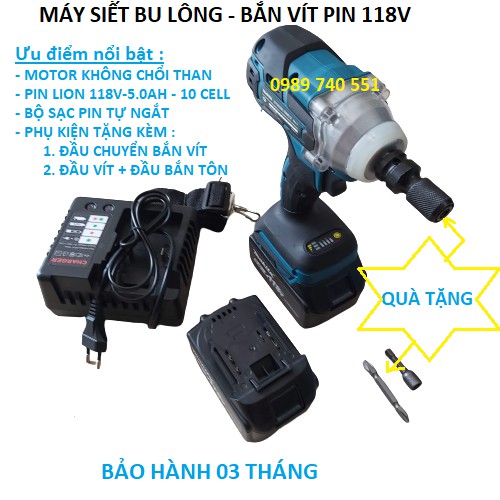 Máy siết bulong - máy bắn vít pin makita 118V tặng kèm đầu chuyển và phụ kiện bắn vít