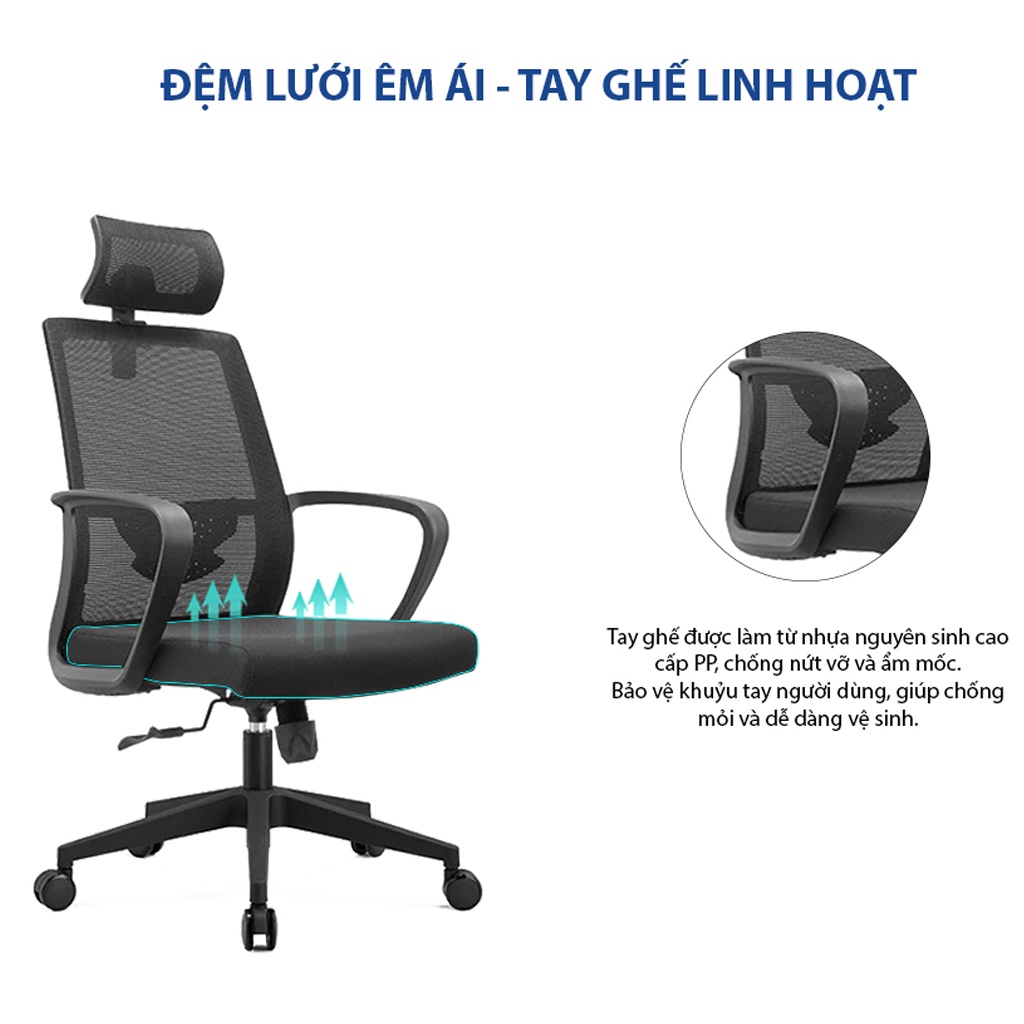 Ghế xoay văn phòng công thái học GOVI Ryan R11TD - Tựa đầu điều chỉnh, tựa tay cố định