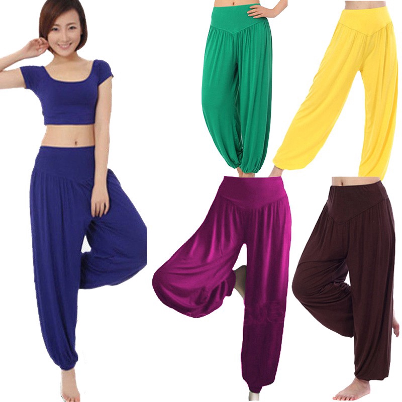 Quần yoga nữ ống rộng thoải mái màu trơn phong cách Boho