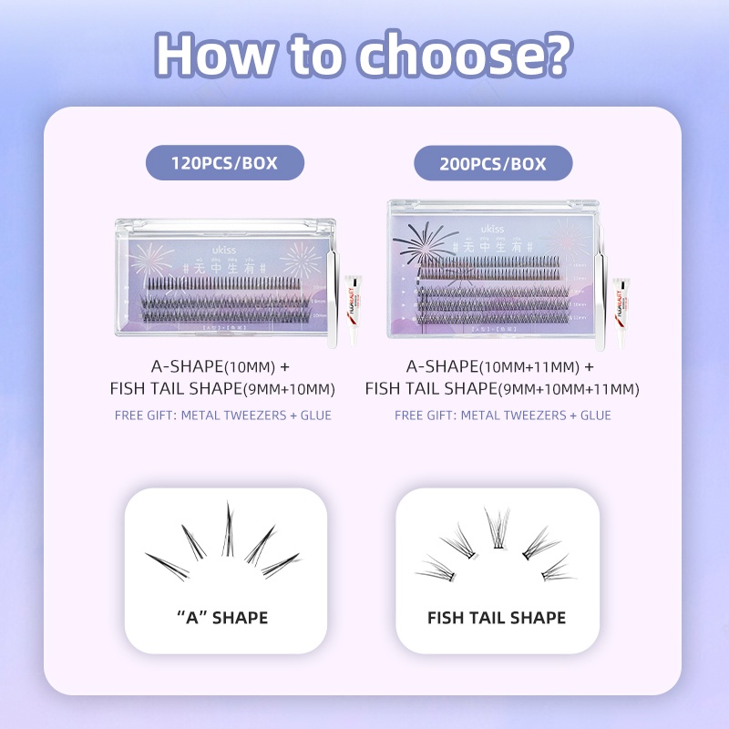 Set 120/ 200 cụm lông mi giả UKISS 9mm 10mm 11mm tự trang điểm chuyên nghiệp
