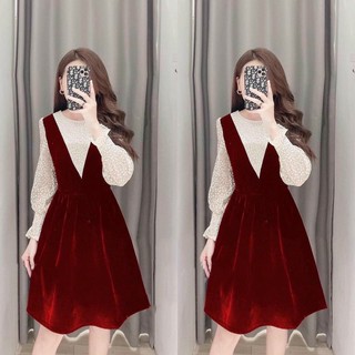 Váy Nhung Phối Ren Thêu Hoa Tay Bồng ❤️