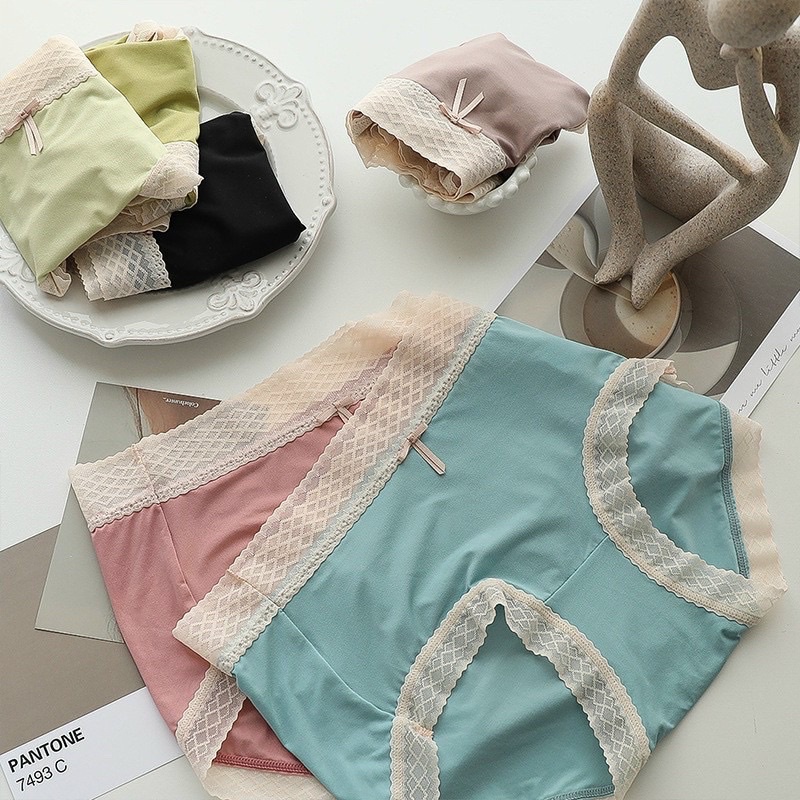 Quần Lót cotton lụa Lưng Cao Viền Ren Thoáng Khí Thoải Mái Cho Nữ _ Quần lót cao cấp mềm mại không đường may