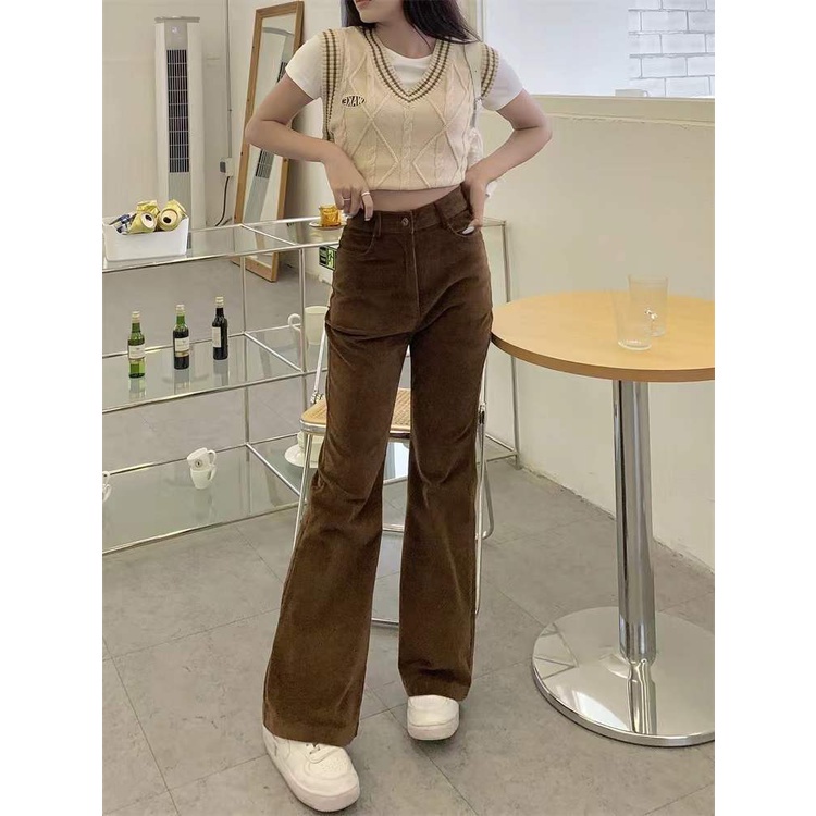 Quần dài ống loe lưng cao phong cách retro Hàn Quốc dễ phối đồ cho nữ