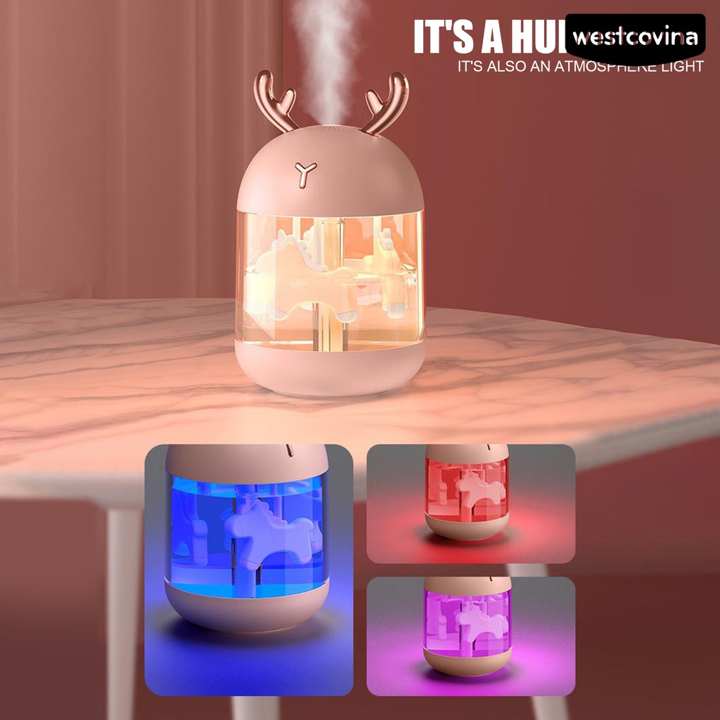 Máy tạo độ ẩm không khí kiểu tai thỏ/ sừng tuần lộc dễ thương kèm đèn LED tiện lợi