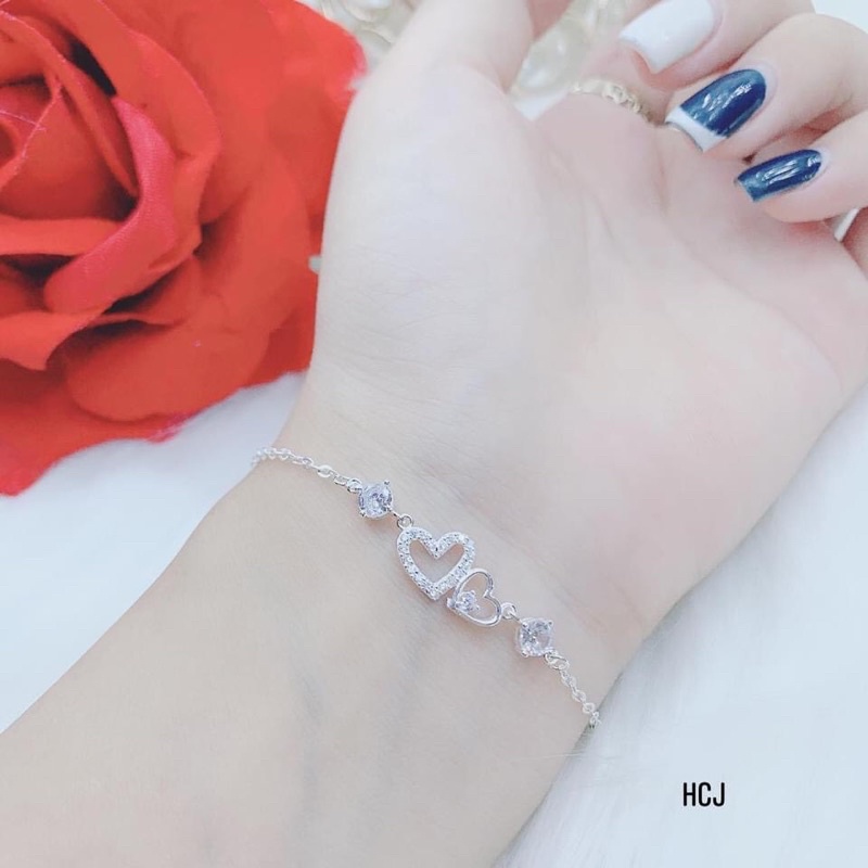 Lắc tay bạc nữ mẫu tim đôi đính đá nhỏ xinh xắn - Kho sỉ bạc Nhất Linh