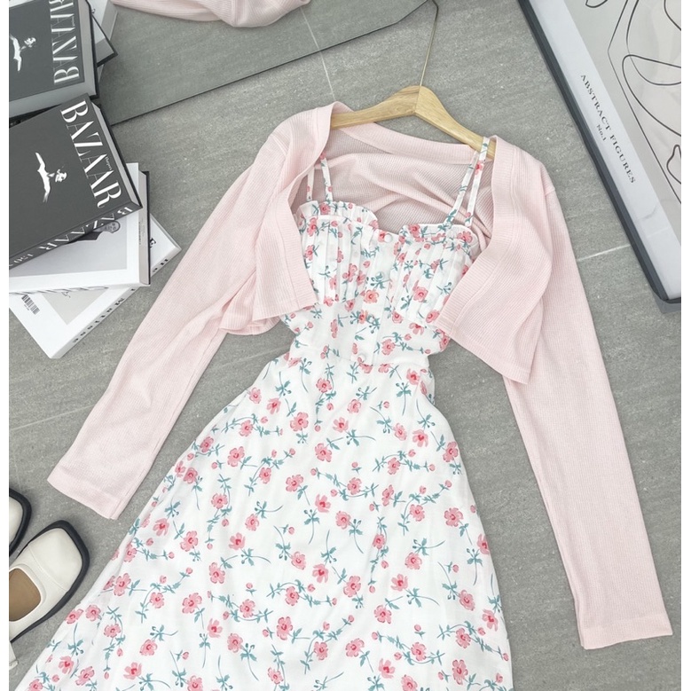 ❤️Set đầm hoa midi + khoát hồng kèm hình thật