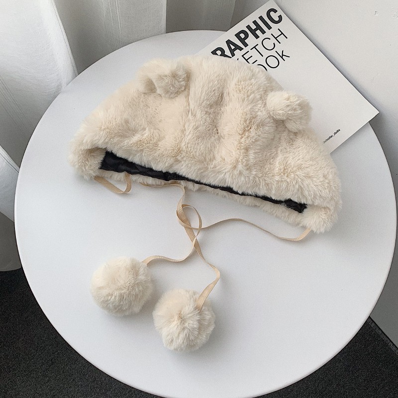 Mũ Trùm Đầu Mềm Mại Màu Trơn Đính Tai Gấu Bông Dày Dặn Ấm Áp Chống Gió Phiên Bản Nhật Bản Dễ Thương Cho Nữ Rai Feng