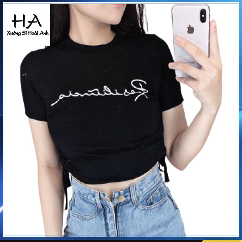 Áo Croptop Tay Ngắn Thun Body Dây Rút 2 Bên Eo Trắng / Đen Thêu Chữ - Áo Croptop Cổ Tròn | BigBuy360 - bigbuy360.vn