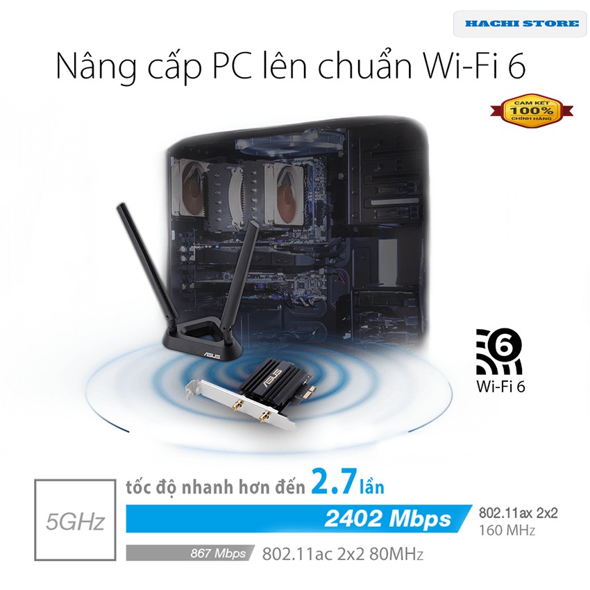 Card Mạng Wifi 6 chuẩn PCI-e 2 băng tần tốc độ 3000 Mbps Asus -PCE-AX58BT - Hàng phân phối Chính Hãng