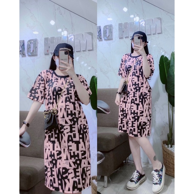 Đầm thun suông hoạ tiết ẢNH THẬT