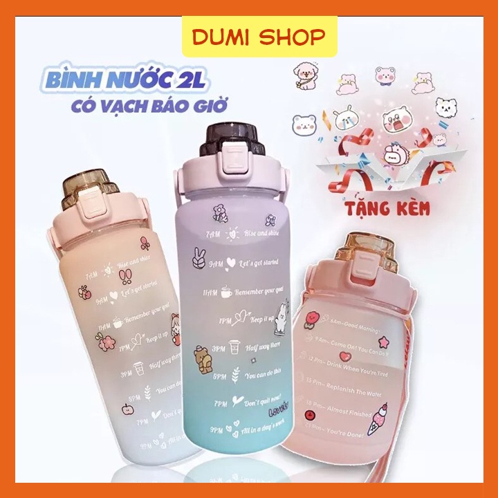 Bình Nước Có Vạch Báo Giờ Uống Nước Kèm Dây Đeo Tặng Kèm Sticker 1L - 2L - Dumi Shop