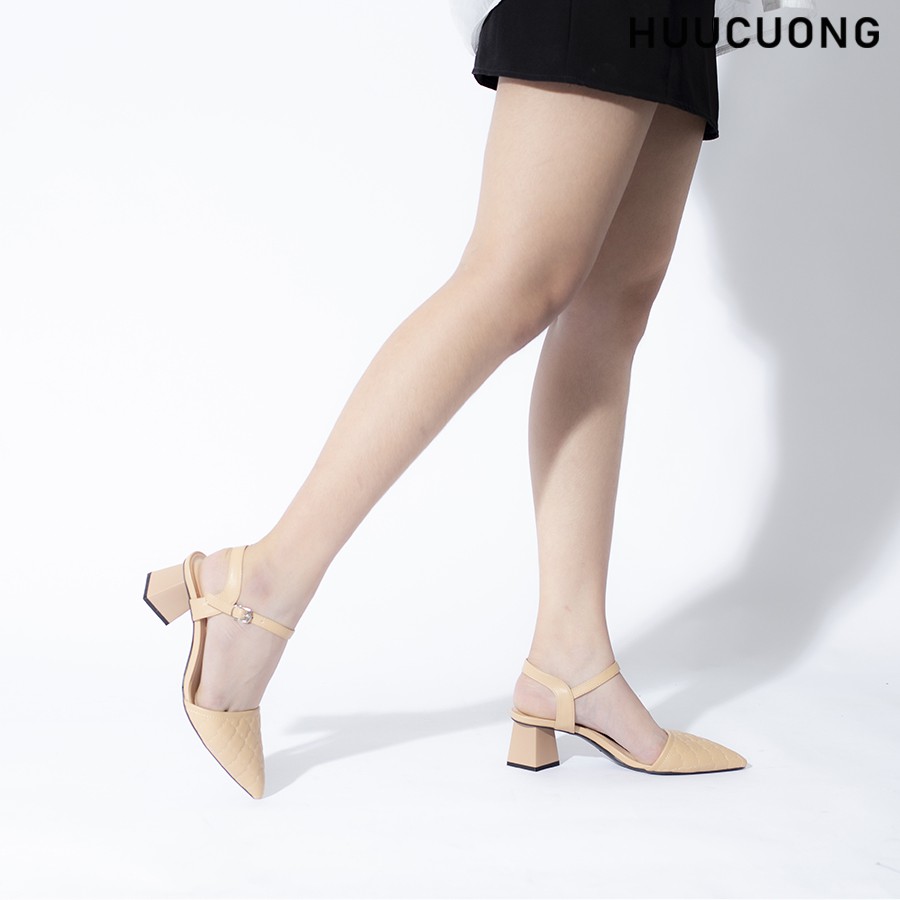 Giày Mũi Nhọn Sandal Nữ Cao Gót 5cm HUUCUONG Thời Trang Mũi Nhọn Phối Dây Hở Gót Kẻ Viền - CG37