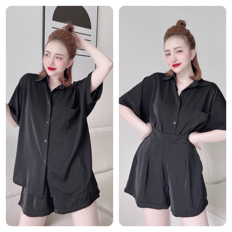 Trúc My Set bộ áo sơ mi tay ngắn và quần short trơn basic vải lụa cao cấp