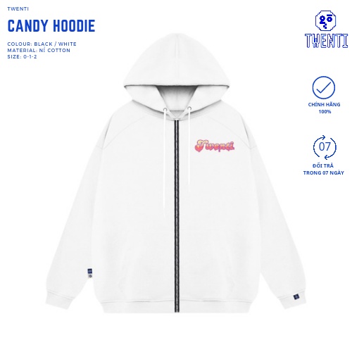 HOODIE ZIP TWENTI NỈ COTTON PHIÊN BẢN KẸO NGỌT TRẮNG