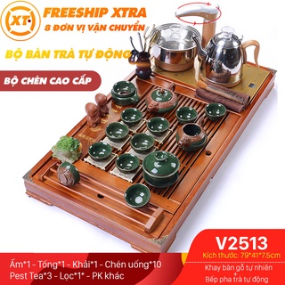 【Mới về】Bàn trà điện thông minh giá rẻ có đủ khay bàn, bếp pha trà, ấm chén màu xanh ngọc họa tiết rồng - Mã V2513
