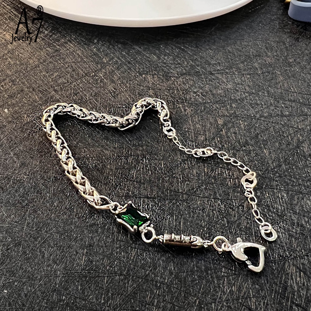 Vòng Tay Bạc Thái Lan Mặt Vuông Rỗng Đính Đá Ngọc Lục Bảo A7 Thời Trang Cho Nữ