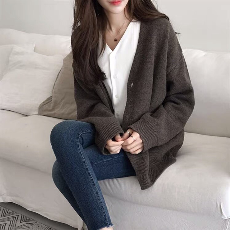 Áo khoác cardigan len nữ dày dài áo khoác màu đen nâu kaki xám ulzzang vintage Hàn Quốc mùa đông 2021 AC8