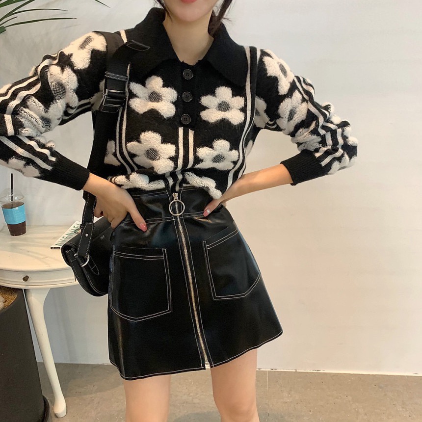Áo sweater dệt kim tay dài in hoa ba chiều phong cách Pháp cổ điển