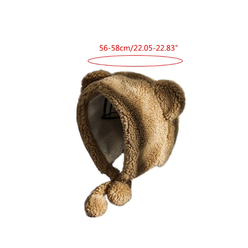 Mũ lông nhung dày dặn hình tai gấu có dây buộc cằm đính quả bông giữ ấm chống gió mùa đông cho nữ